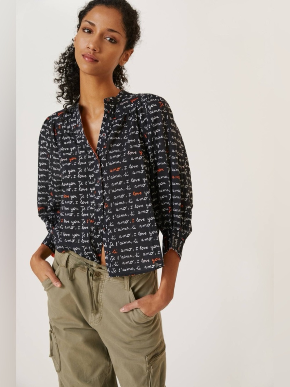 Anthropologie Laetitia Rouget I love you Puff-Sleeved Buttondown blouse small